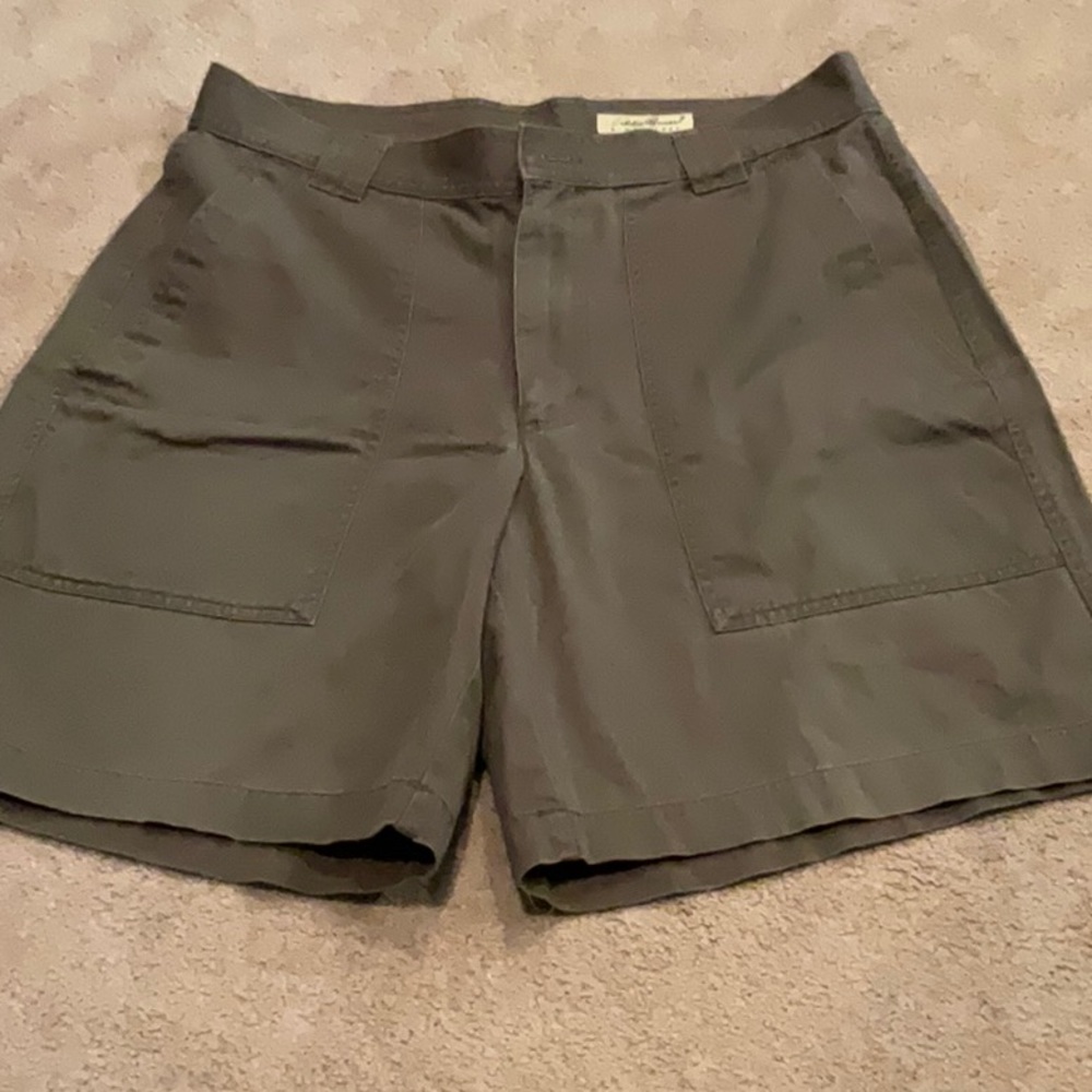 Eddie Bauer men’s flat front shorts, size 34.  Green khaki color.